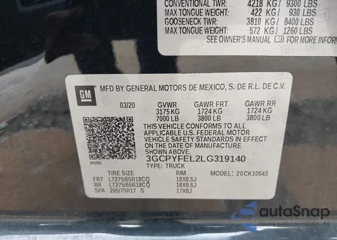 2020 Chevrolet Silverado 1500 4Wd Short Bed Lt Trail Boss from USA, damaged, VIN 3GCPYFEL2LG319140